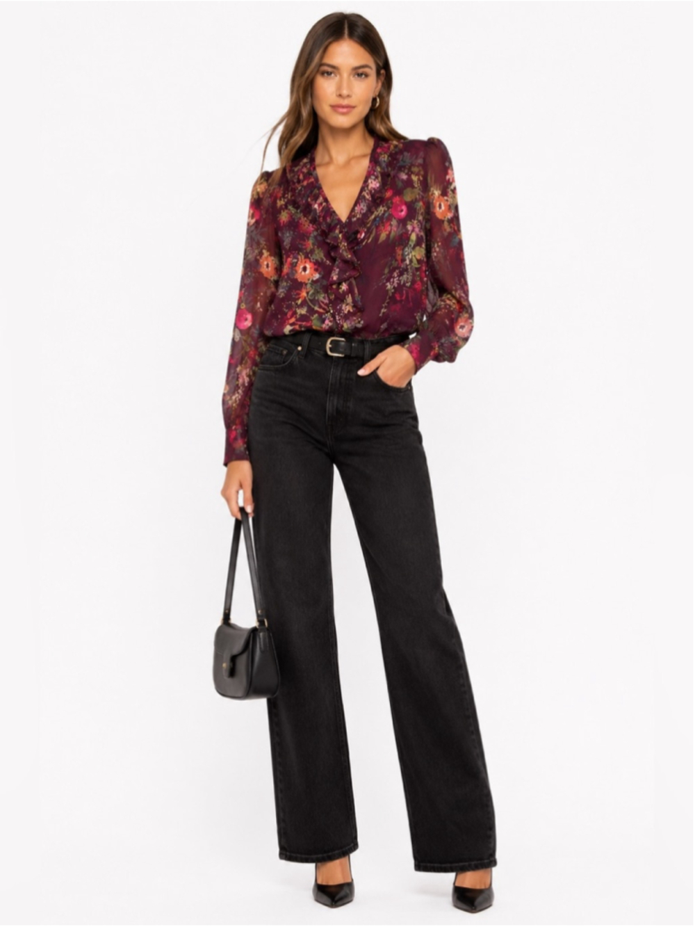 Parker silk blend Floral Burgundy Ruffle V-Neck Blouse top - Picture 10 of 10